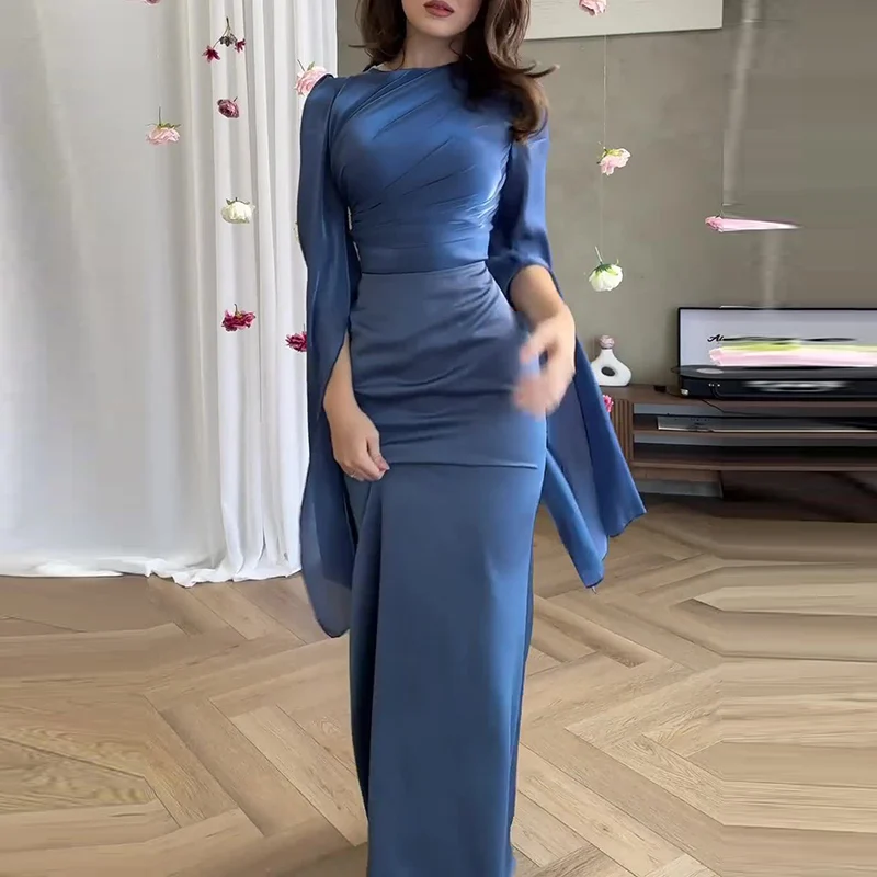 Ladies Satin Formal Dress Batwing Sleeve Slim Fit Evening Gown