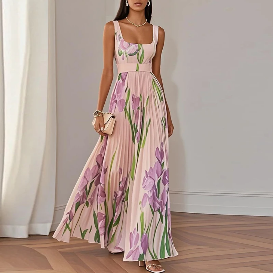Sleeveless Straps Casual Outfit Chic Floral Pleated Dress