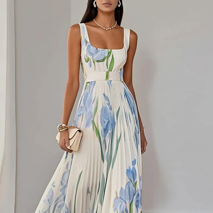 Sleeveless Straps Casual Outfit Chic Floral Pleated Dress