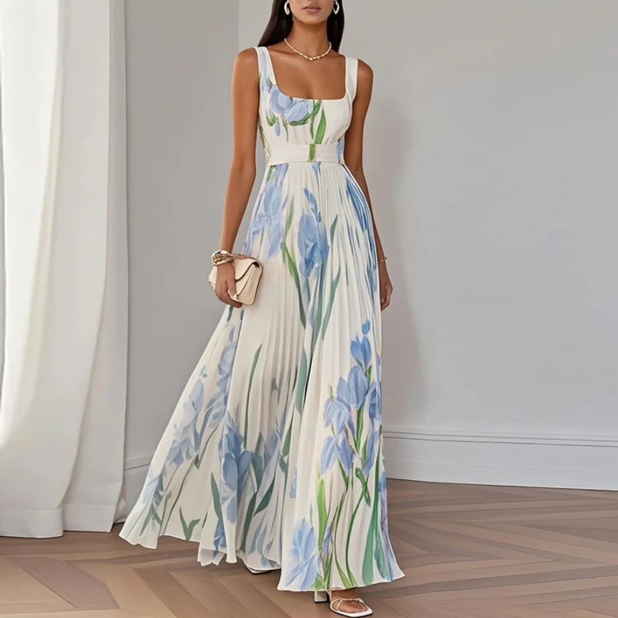 Sleeveless Straps Casual Outfit Chic Floral Pleated Dress