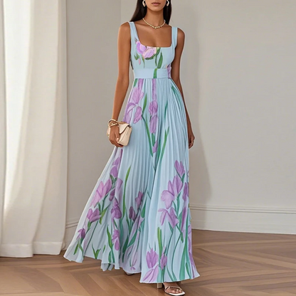Sleeveless Straps Casual Outfit Chic Floral Pleated Dress