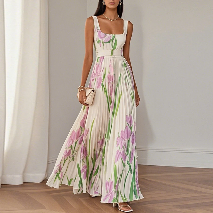 Sleeveless Straps Casual Outfit Chic Floral Pleated Dress