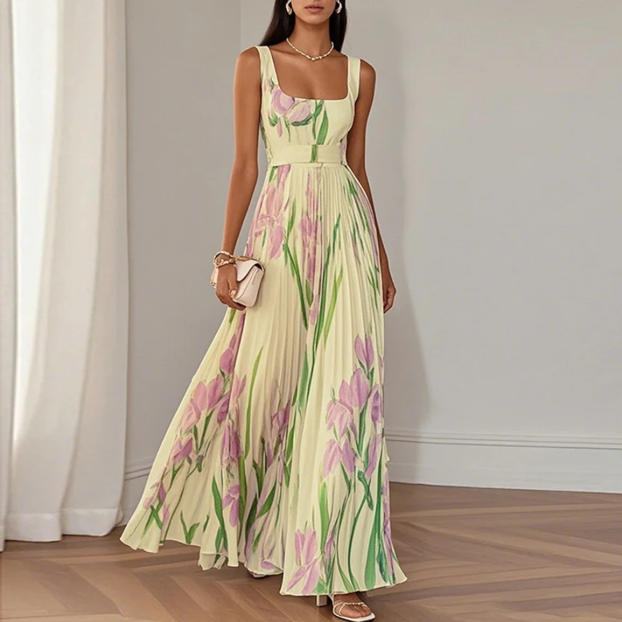 Sleeveless Straps Casual Outfit Chic Floral Pleated Dress