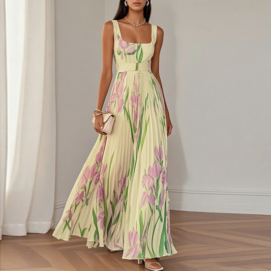 Sleeveless Straps Casual Outfit Chic Floral Pleated Dress