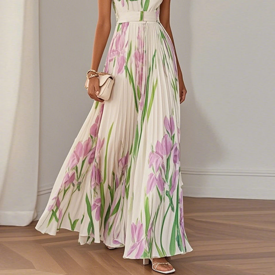 Sleeveless Straps Casual Outfit Chic Floral Pleated Dress