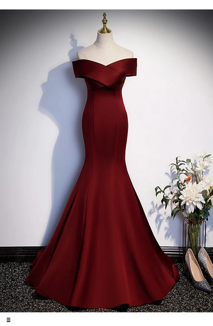 Off-Shoulder Wine Red Mermaid Luxury Evening Gown with Bow Detail
