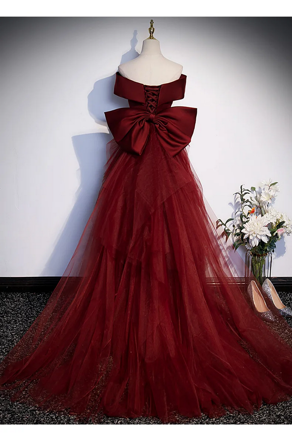 Off-Shoulder Wine Red Mermaid Luxury Evening Gown with Bow Detail