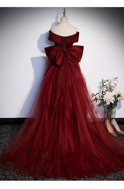 Off-Shoulder Wine Red Mermaid Luxury Evening Gown with Bow Detail