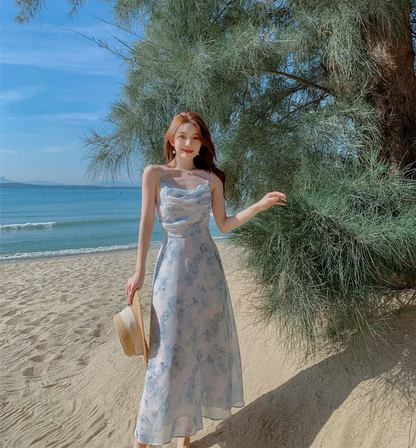 Backless Floral Ruched Spaghetti Strap Summer Dress