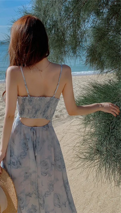 Backless Floral Ruched Spaghetti Strap Summer Dress