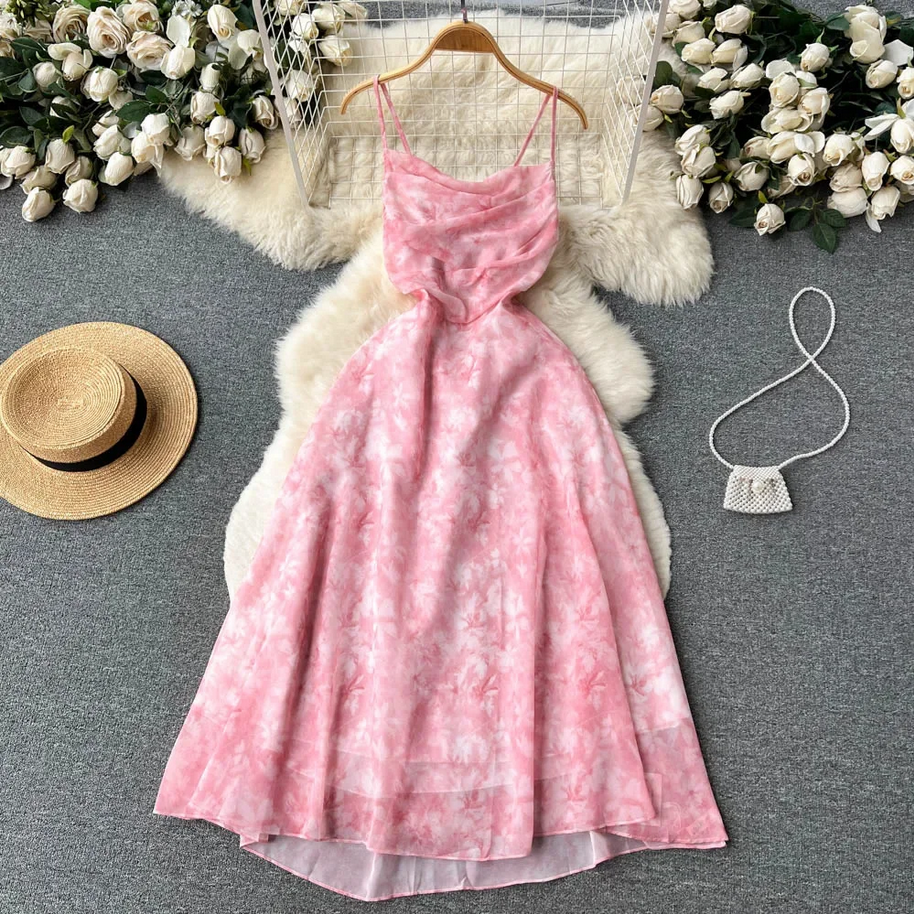 Backless Floral Ruched Spaghetti Strap Summer Dress