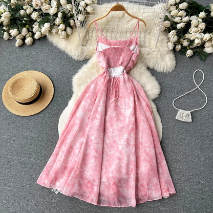 Backless Floral Ruched Spaghetti Strap Summer Dress