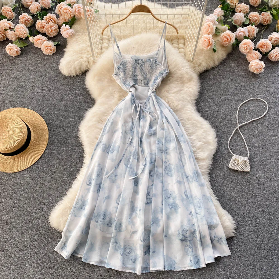 Backless Floral Ruched Spaghetti Strap Summer Dress