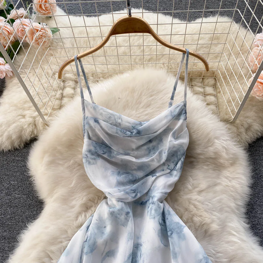 Backless Floral Ruched Spaghetti Strap Summer Dress