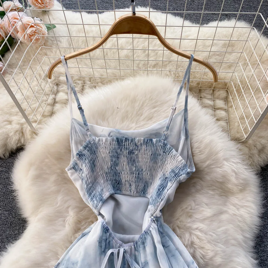 Backless Floral Ruched Spaghetti Strap Summer Dress