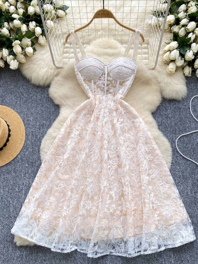 Elegant Embroidery Lace Strap Party Dress
