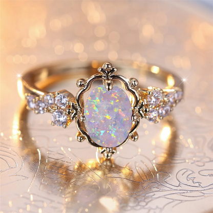 Vintage Fire Opal Oval Stone Ring Elegant Gold Flower Design