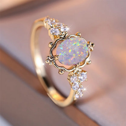 Vintage Fire Opal Oval Stone Ring Elegant Gold Flower Design