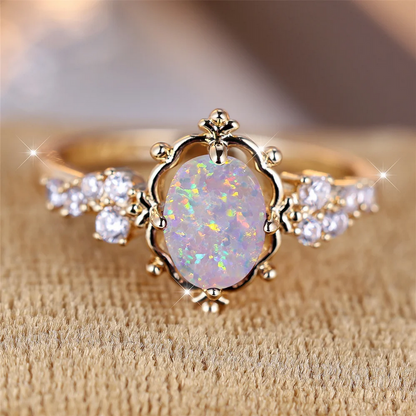 Vintage Fire Opal Oval Stone Ring Elegant Gold Flower Design