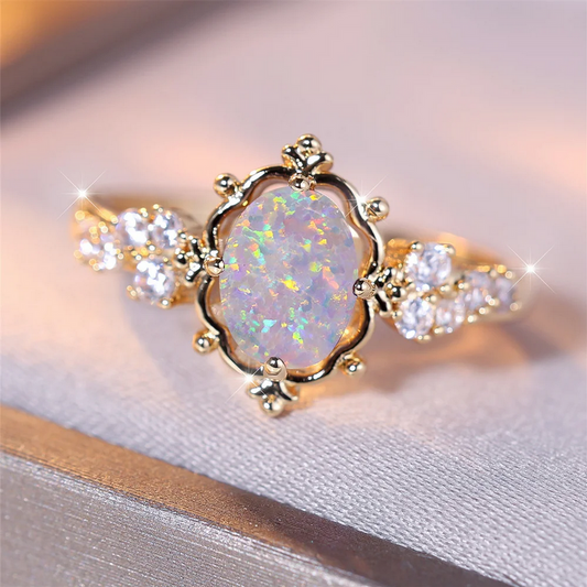 Vintage Fire Opal Oval Stone Ring Elegant Gold Flower Design