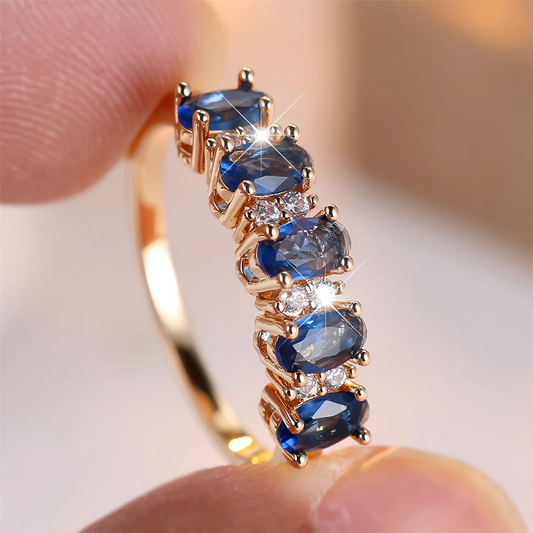 Gold Color Blue Crystal Oval Ring Timeless Vintage Style