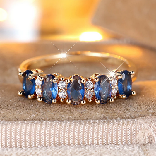 Gold Color Blue Crystal Oval Ring Timeless Vintage Style