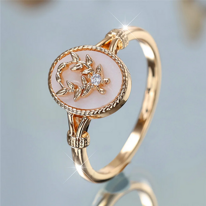 Gold & Silver Vintage Enamel Ring Oval Stone Leaf Design