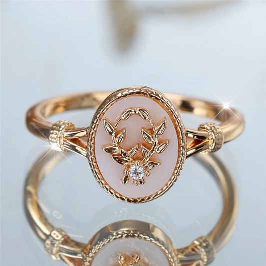 Gold & Silver Vintage Enamel Ring Oval Stone Leaf Design