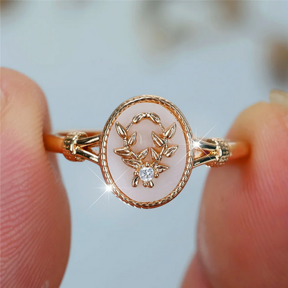 Gold & Silver Vintage Enamel Ring Oval Stone Leaf Design