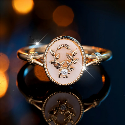 Gold & Silver Vintage Enamel Ring Oval Stone Leaf Design