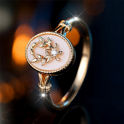 Gold & Silver Vintage Enamel Ring Oval Stone Leaf Design