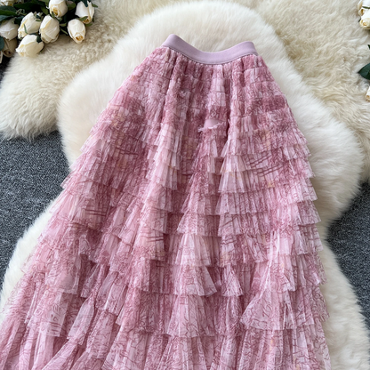 Fairycore Summer High Waist Elegant Layered Mesh Skirt