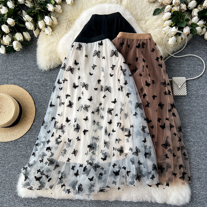 Elastic High Waist Women’s Long Embroidered Butterfly Skirt