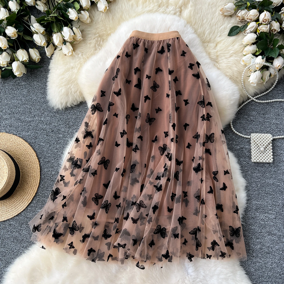 Elastic High Waist Women’s Long Embroidered Butterfly Skirt