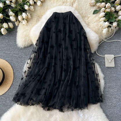 Elastic High Waist Women’s Long Embroidered Butterfly Skirt