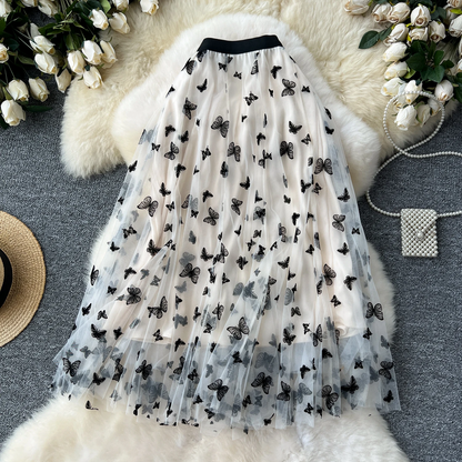 Elastic High Waist Women’s Long Embroidered Butterfly Skirt