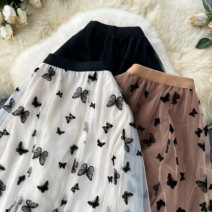 Elastic High Waist Women’s Long Embroidered Butterfly Skirt