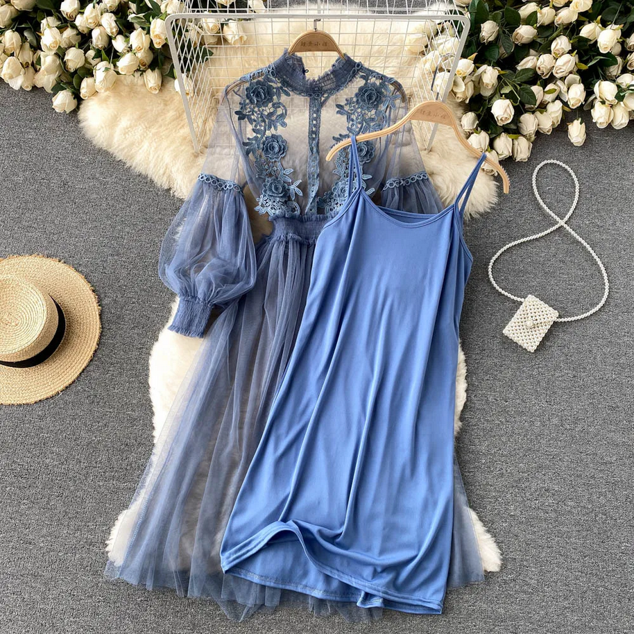 Elegant 3D Floral  Chic Lantern Sleeve Mesh Dress