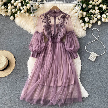 Elegant 3D Floral  Chic Lantern Sleeve Mesh Dress
