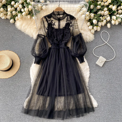Elegant 3D Floral  Chic Lantern Sleeve Mesh Dress