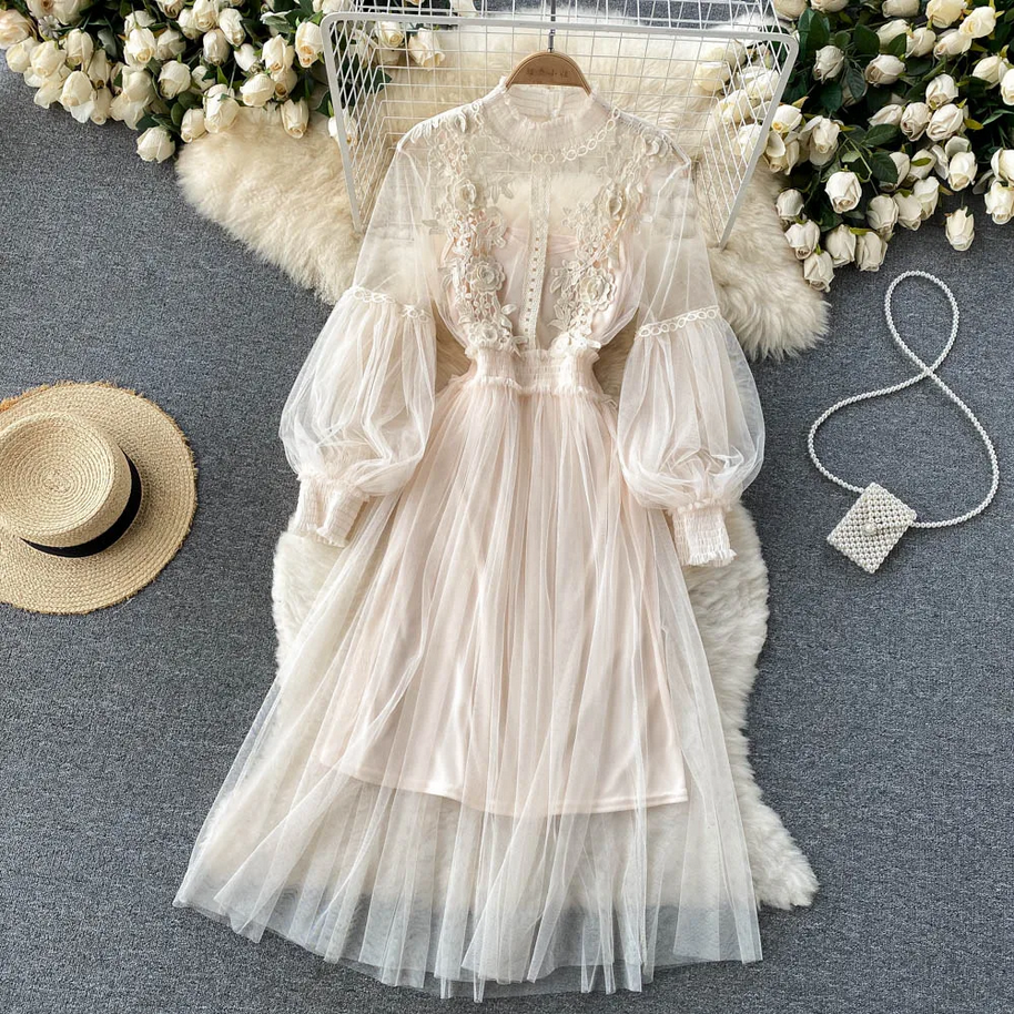 Elegant 3D Floral  Chic Lantern Sleeve Mesh Dress