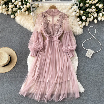 Elegant 3D Floral  Chic Lantern Sleeve Mesh Dress