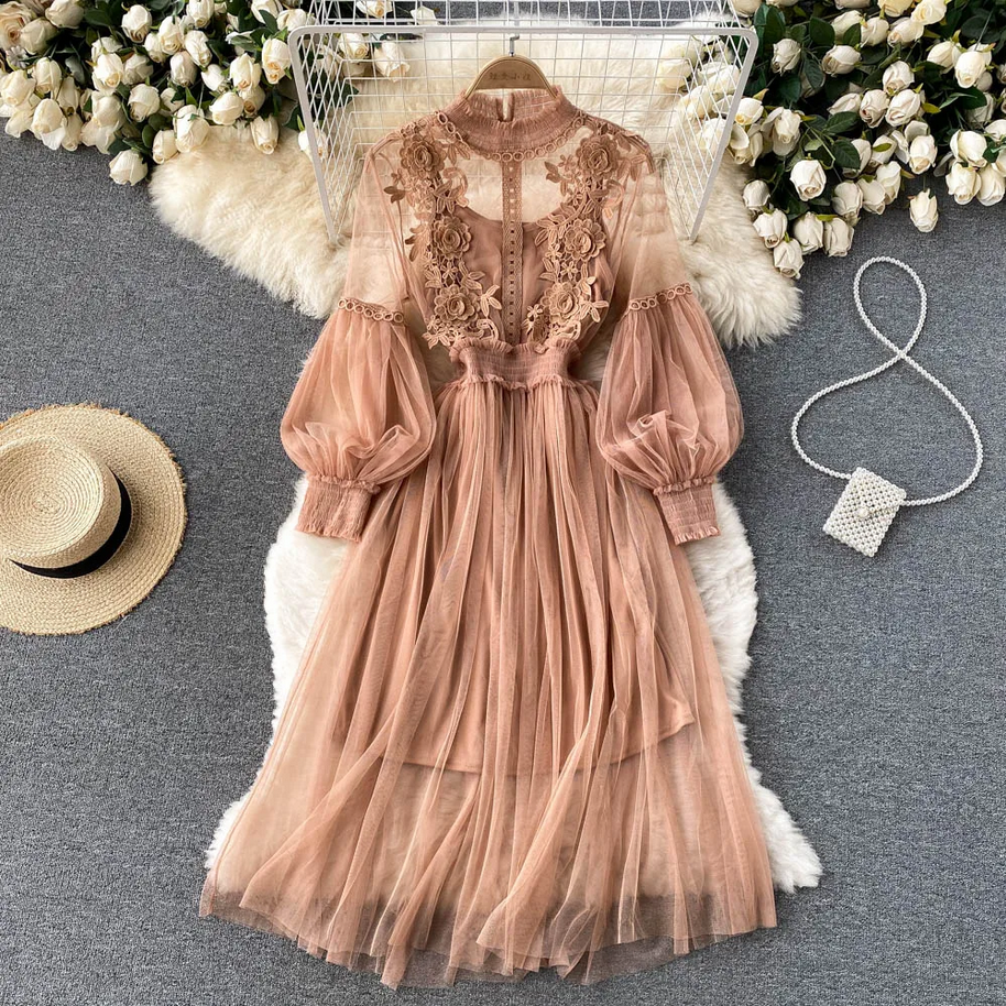 Elegant 3D Floral  Chic Lantern Sleeve Mesh Dress