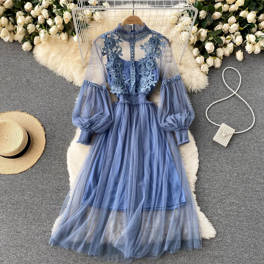 Elegant 3D Floral  Chic Lantern Sleeve Mesh Dress