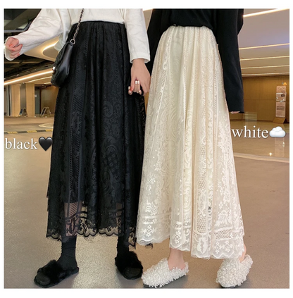 Women’s Black and Apricot High Waist Lace Skirt