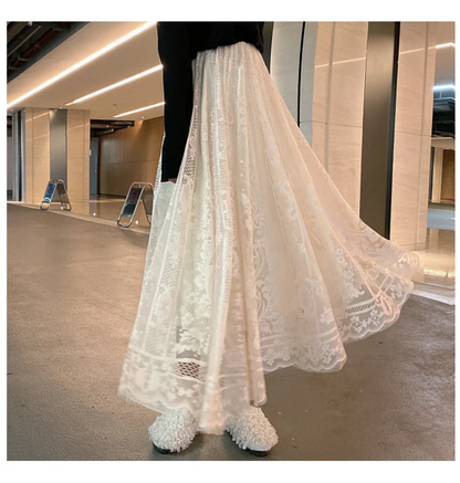 Women’s Black and Apricot High Waist Lace Skirt