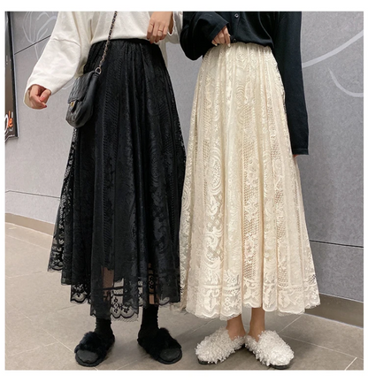 Women’s Black and Apricot High Waist Lace Skirt