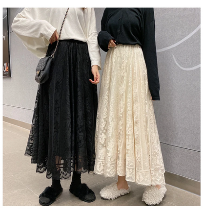 Women’s Black and Apricot High Waist Lace Skirt