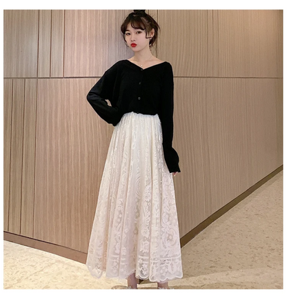 Women’s Black and Apricot High Waist Lace Skirt