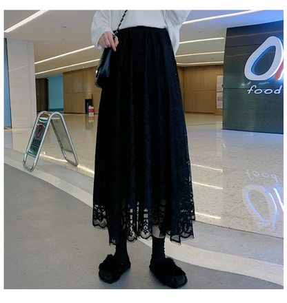 Women’s Black and Apricot High Waist Lace Skirt